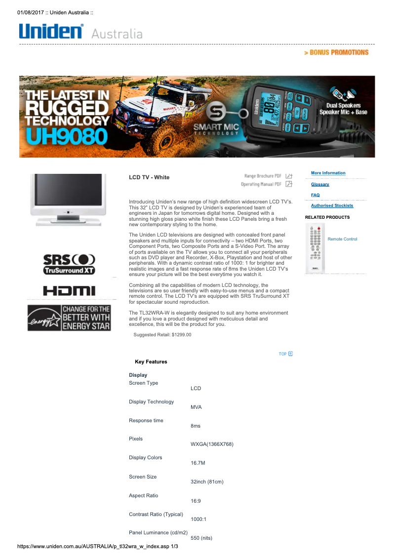 Page n°1 - Manuel utilisateur Uniden TL32WRA-W