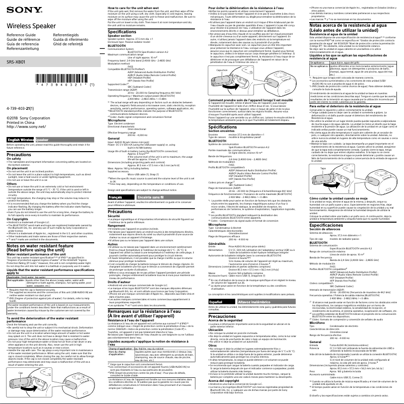 Page n°1 - Manuel utilisateur Sony SRS-XB10