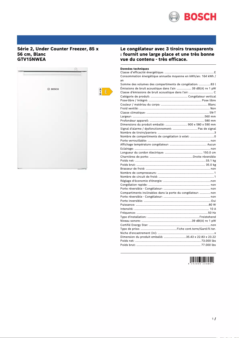 Page n°1 - Fiche technique Bosch GTV15NWEA