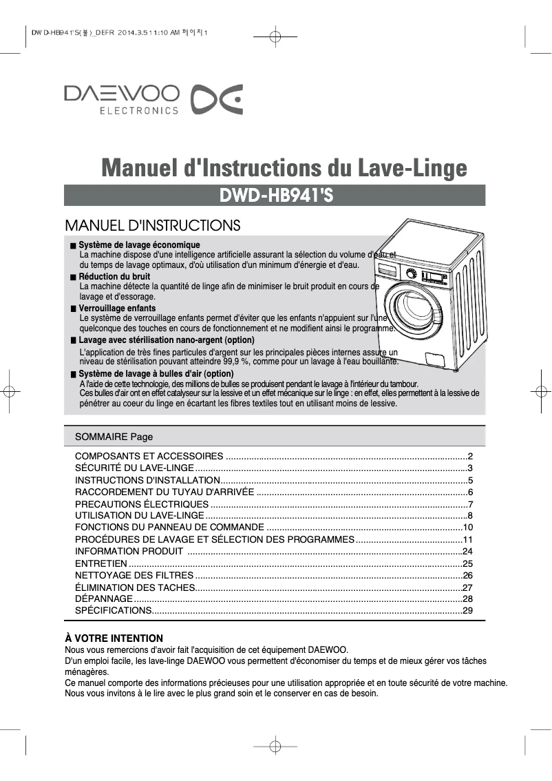 Page 1 de la notice Manuel utilisateur Daewoo DWD-HB9412E