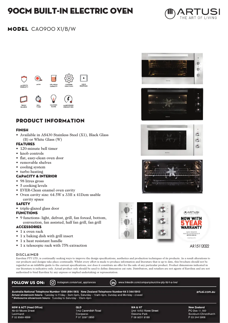 Page 1 de la notice Fiche technique Artusi CAO900X