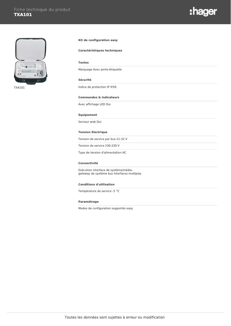 Page n°1 - Fiche technique Hager TXA101