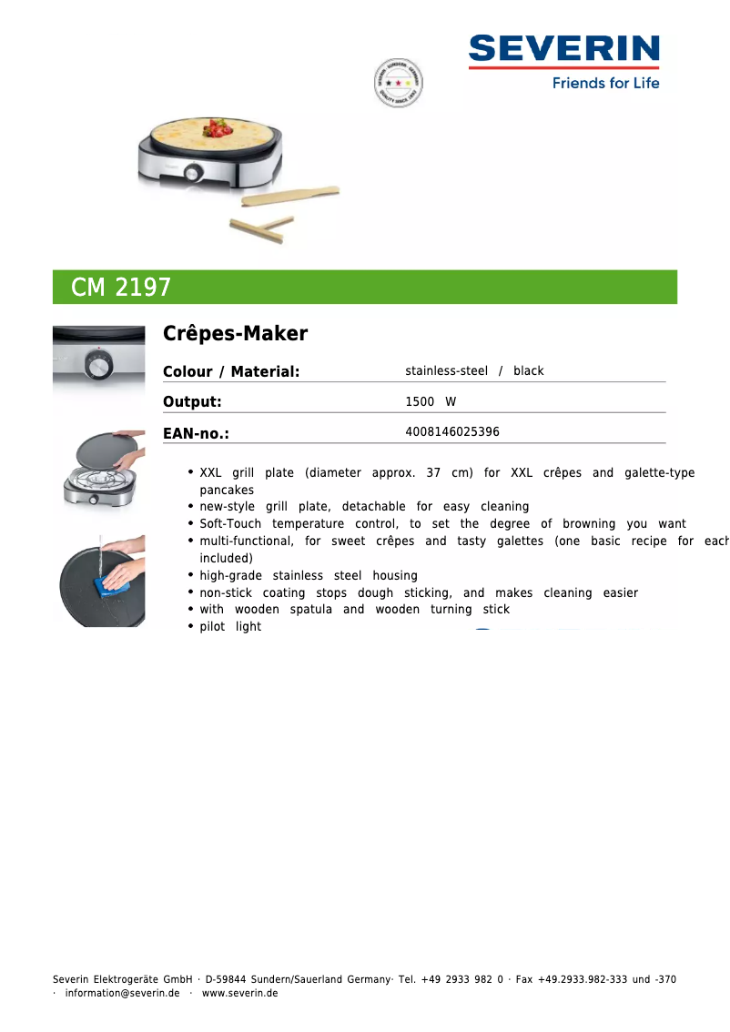 Page 1 de la notice Fiche technique Severin CM 2197