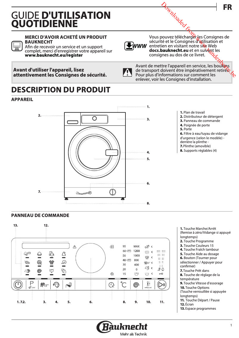 Page 1 de la notice Manuel utilisateur Bauknecht WA Eco 8282