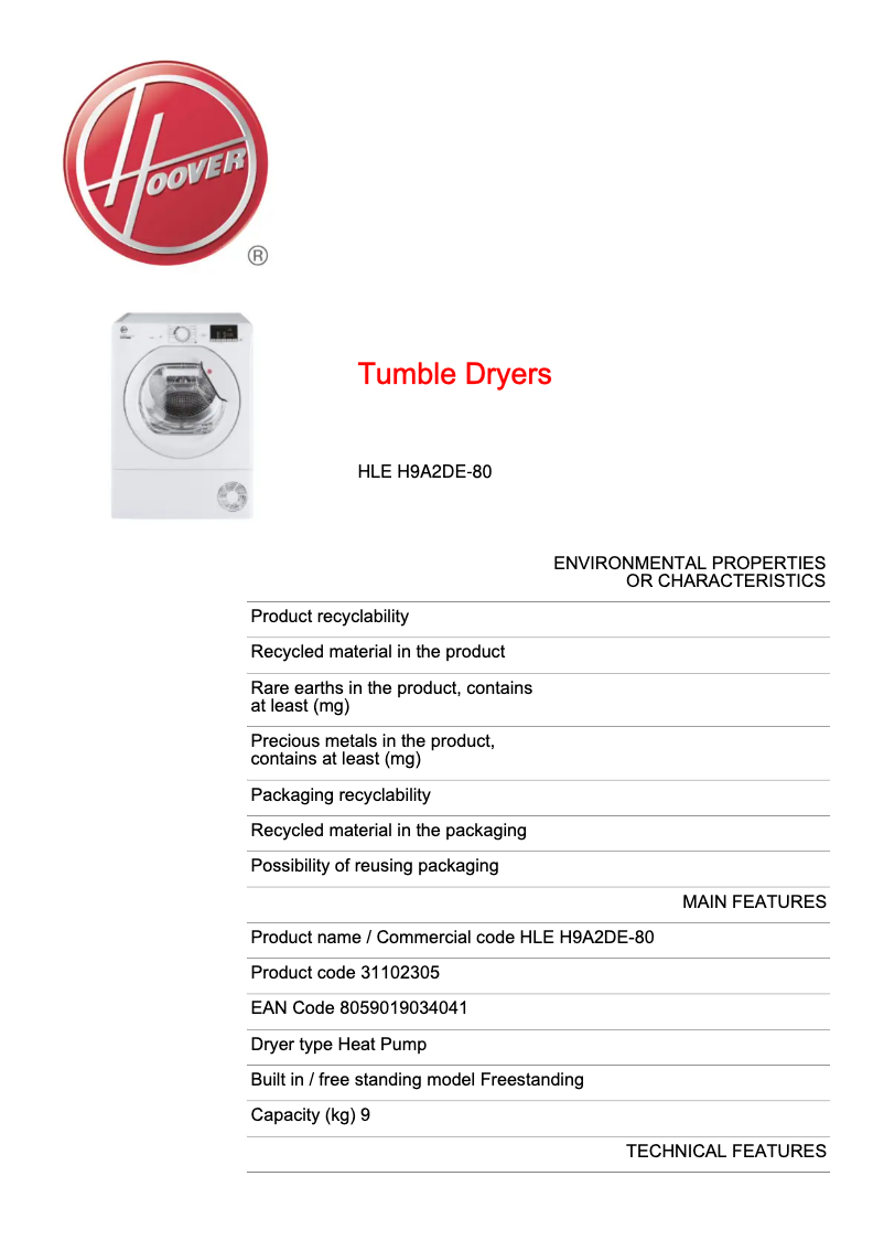 Page 1 de la notice Fiche technique Hoover HLE H9A2DE-80