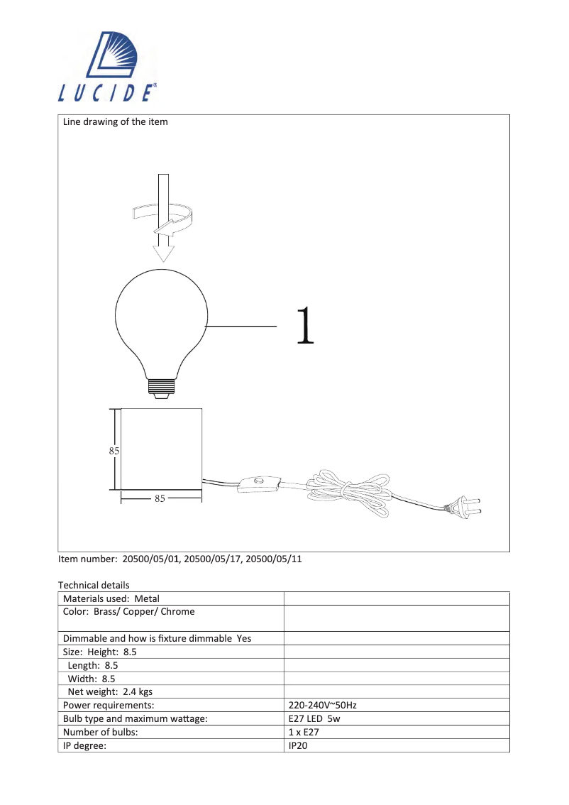 Page n°1 - Manuel utilisateur Lucide Cubico 20500/05/11