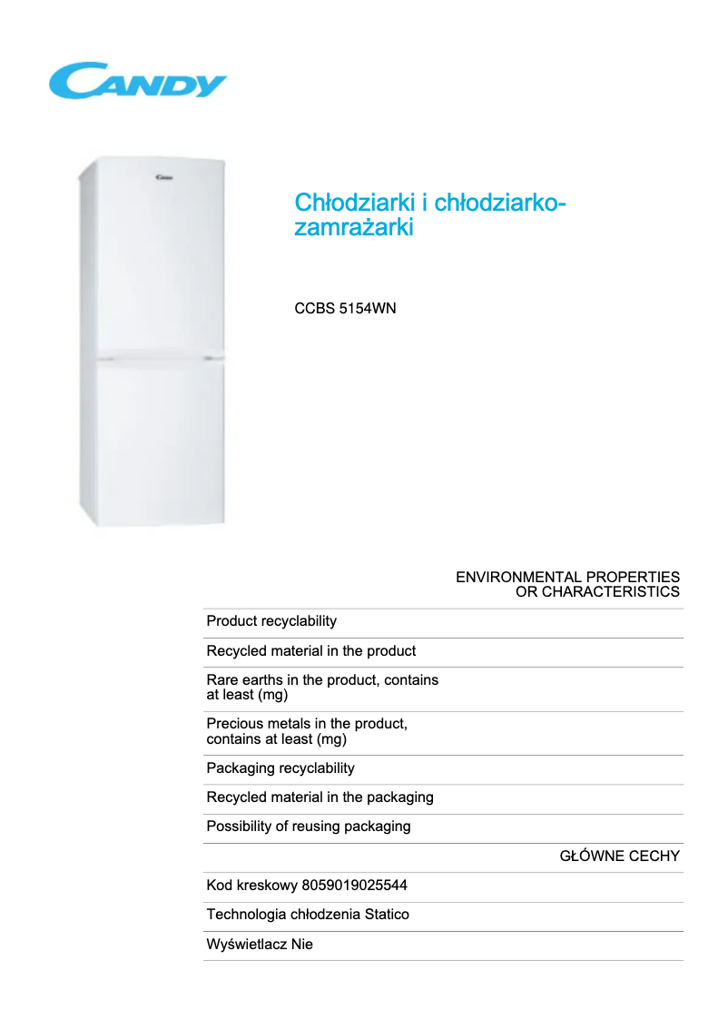 Page 1 de la notice Fiche technique Candy CCBS 5154WN