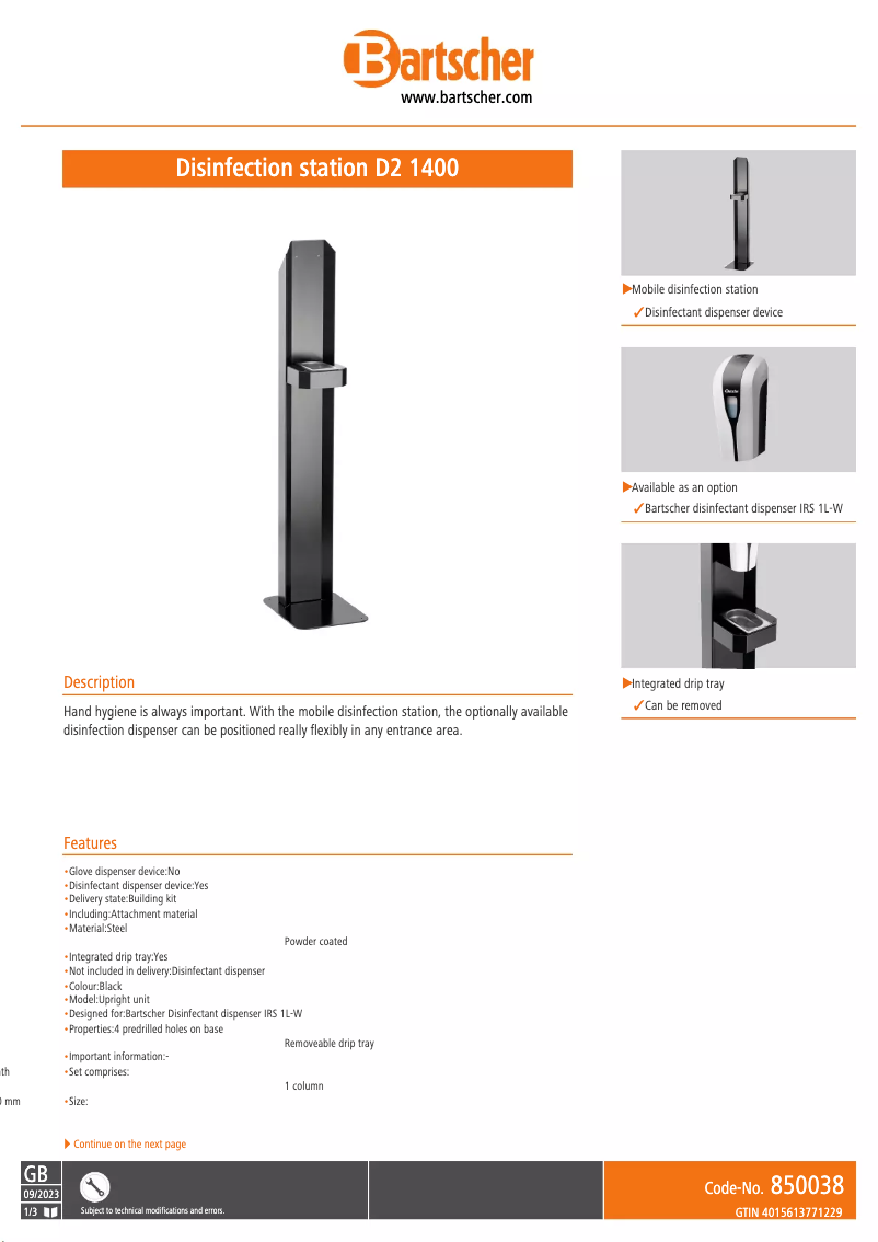 Page n°1 - Manuel utilisateur Bartscher D2 1400