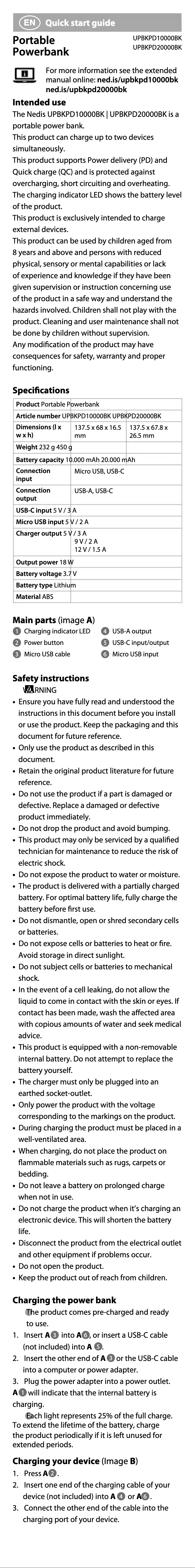 Page n°1 - Manuel utilisateur Nedis UPBKPD20000BK