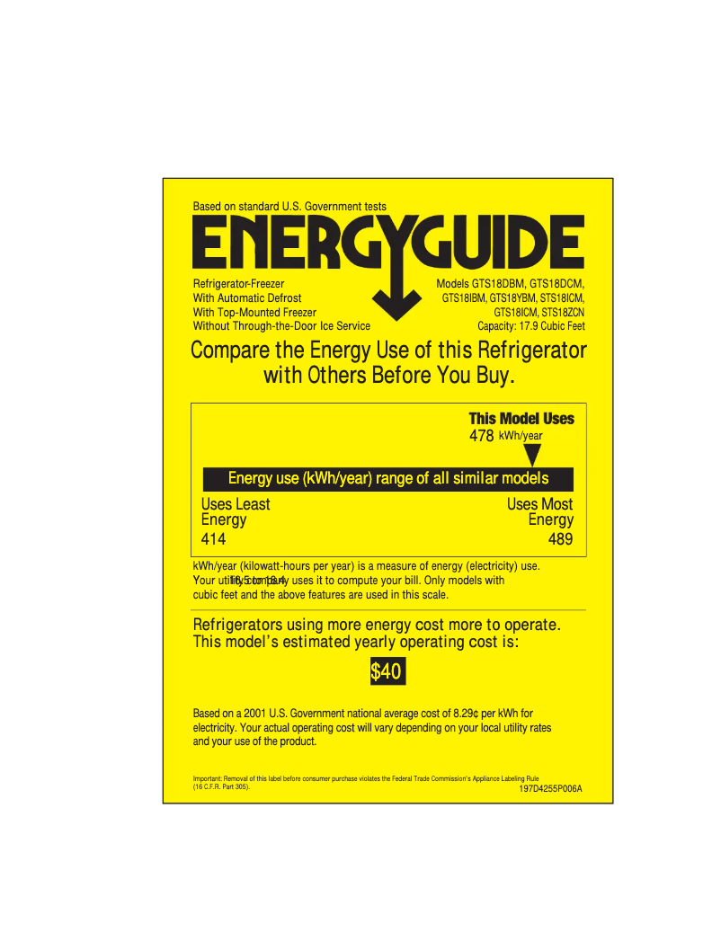 Page 1 de la notice Label énergétique GE GTS18ICMWW