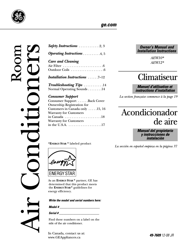 Page 1 de la notice Manuel d'utilisation et d'entretien GE AEW10AM