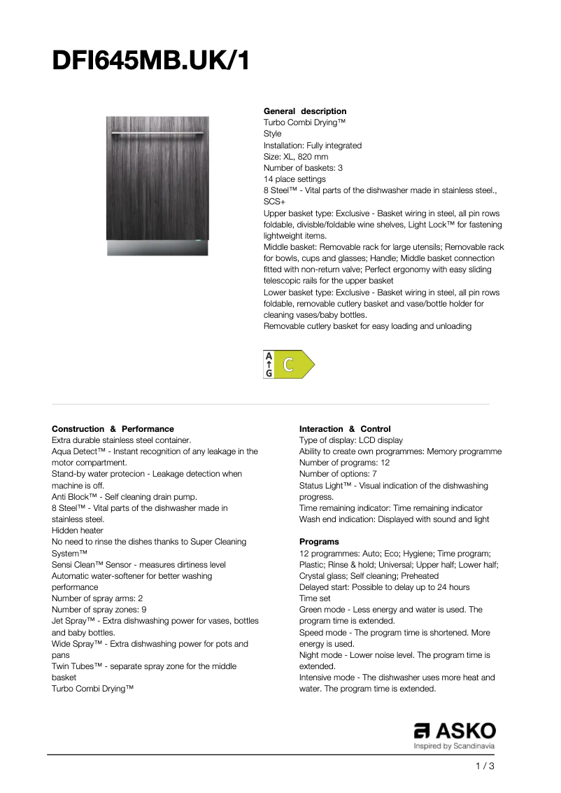 Page n°1 - Fiche technique Asko DFI645MB.UK/1