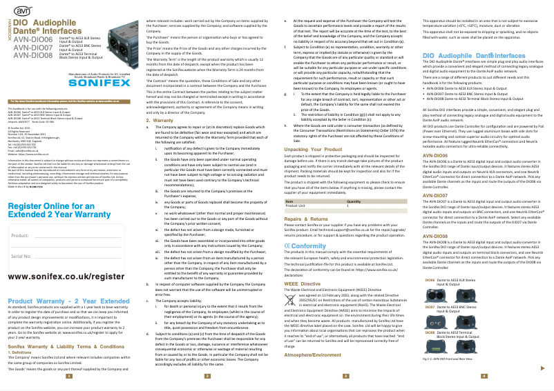 Page n°1 - Manuel utilisateur Sonifex AVN-DIO08