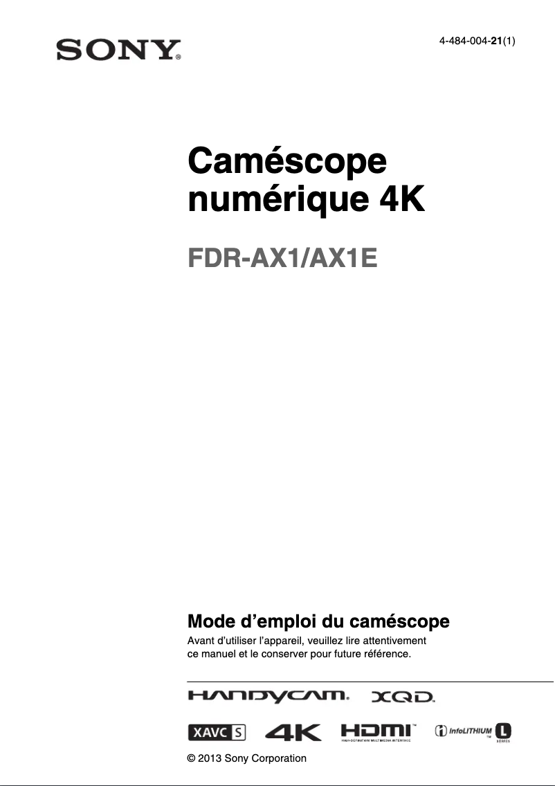 Image de la première page du manuel de l'appareil FDR-AX1E