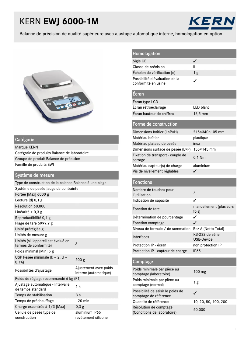 Page 1 de la notice Fiche technique Kern EWJ 6000-1M