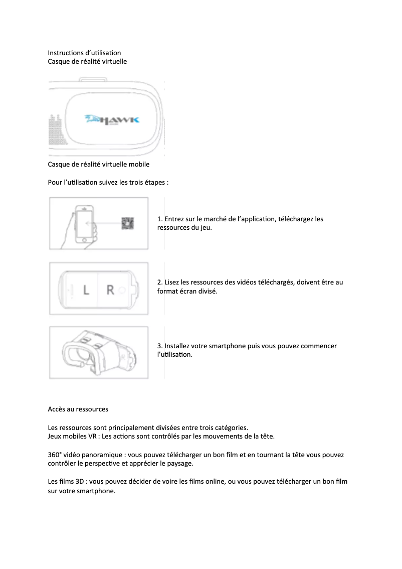 Image de la première page du manuel de l'appareil VR Hawk