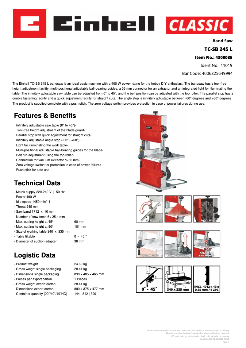 Page 1 de la notice Fiche technique Einhell TC-SB 245 L