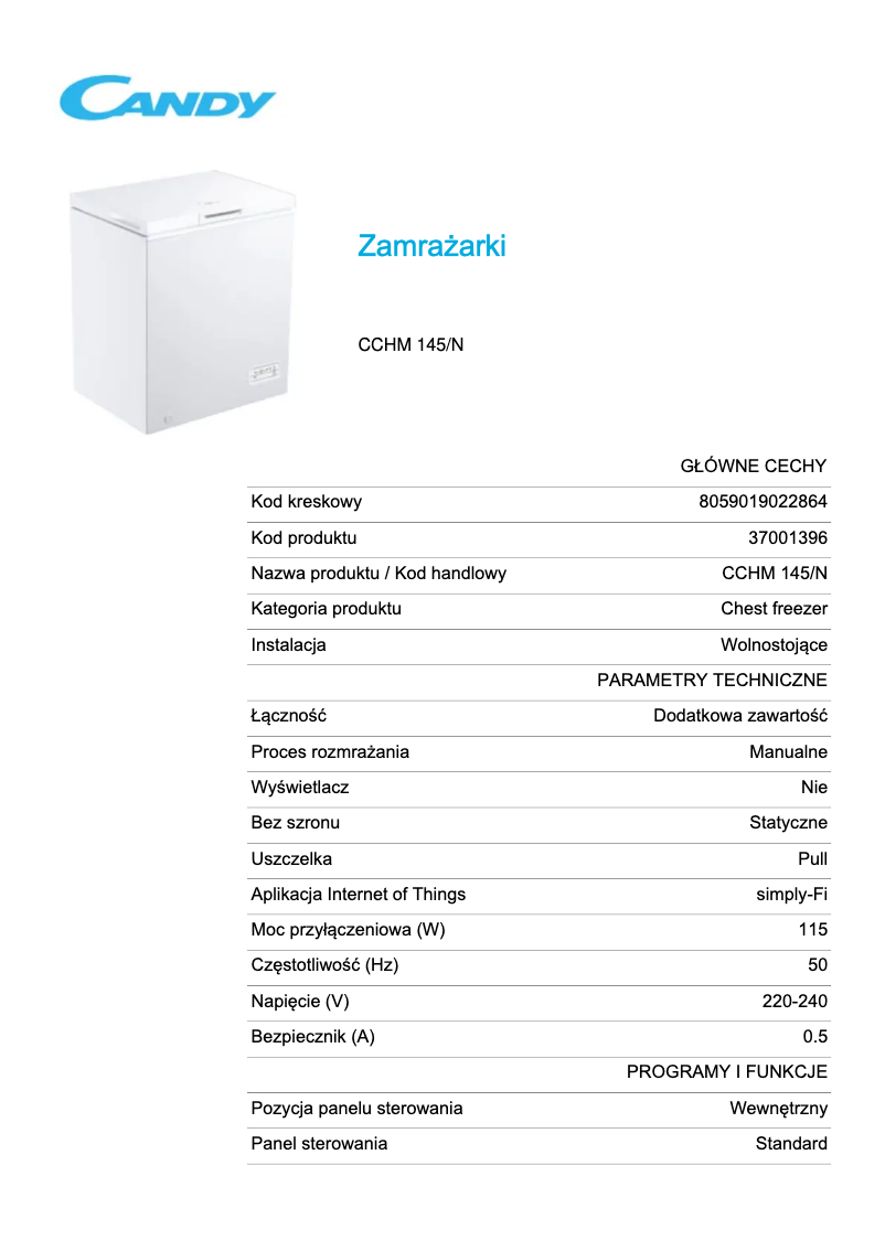 Page n°1 - Fiche technique Candy CCHM 145/N