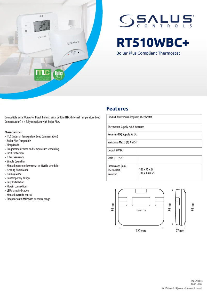 Page 1 de la notice Fiche technique Salus RT510WBC+