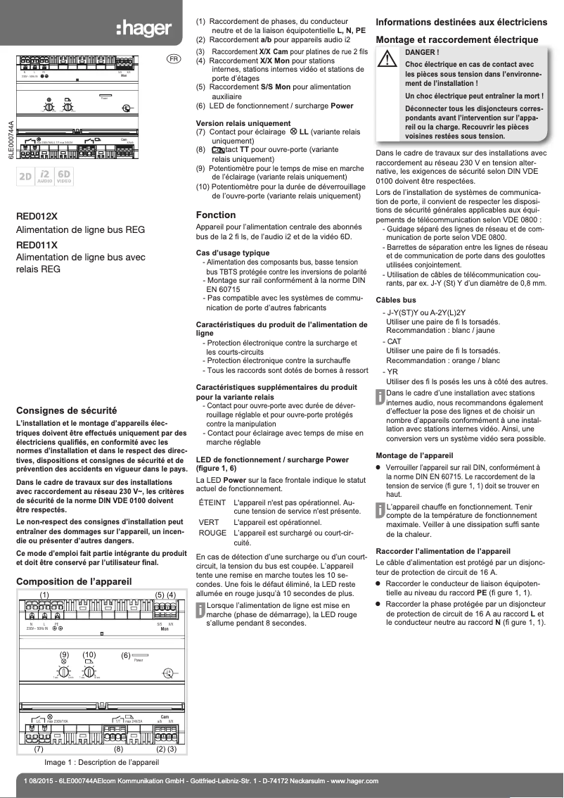 Page 1 de la notice Manuel utilisateur Hager RED011X