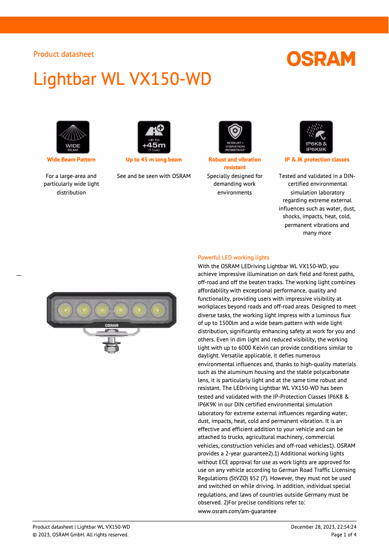 Page n°1 - Fiche technique Osram LEDriving Lightbar WL VX150-WD