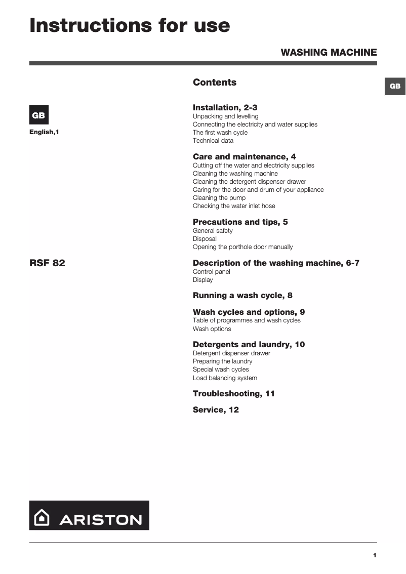 Page 1 de la notice Manuel utilisateur Ariston Thermo RSF 82 B AUS