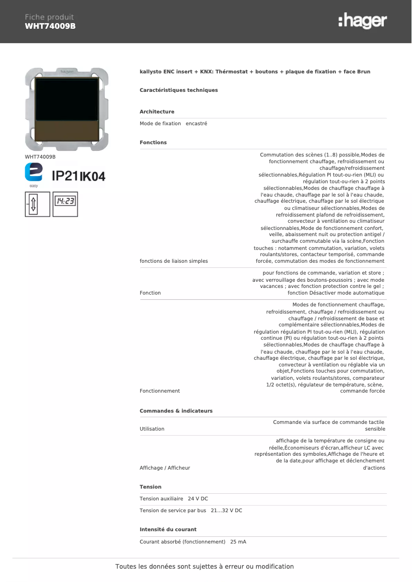 Page n°1 - Fiche technique Hager WHT74009B
