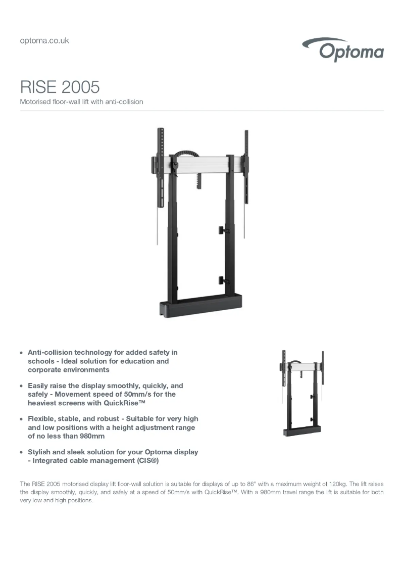 Page 1 de la notice Fiche technique Optoma RISE 2005