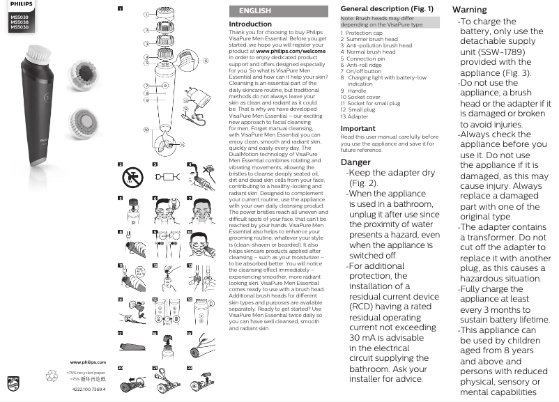 Page n°1 - Manuel utilisateur Philips VisaPure MEN Essential MS5038