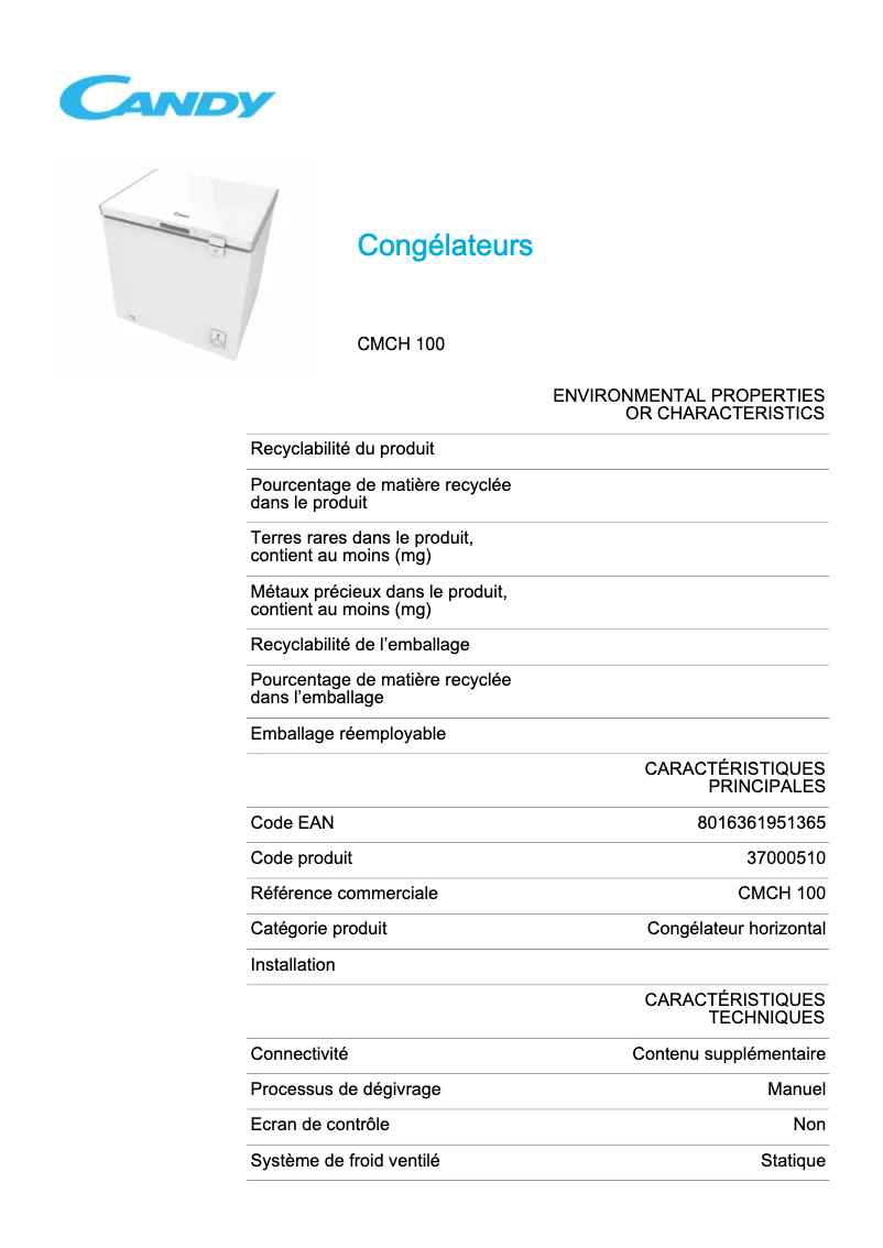 Page n°1 - Fiche technique Candy CMCH 100
