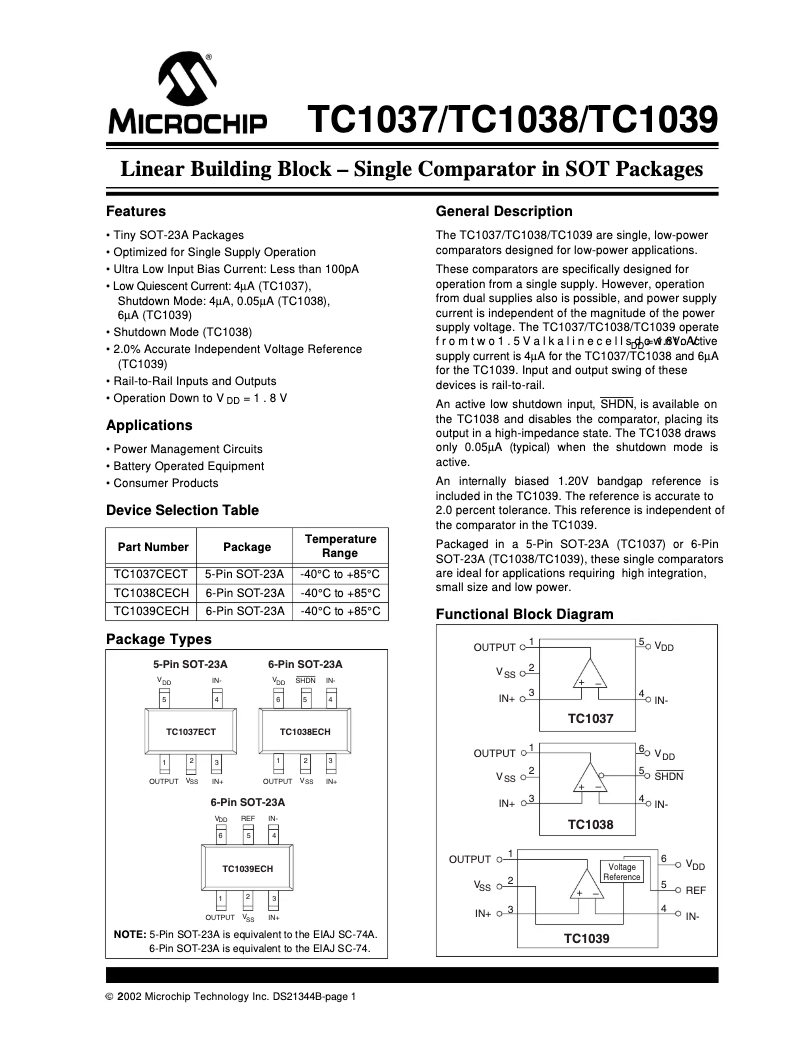 Page 1 de la notice Fiche technique Microchip TC1039