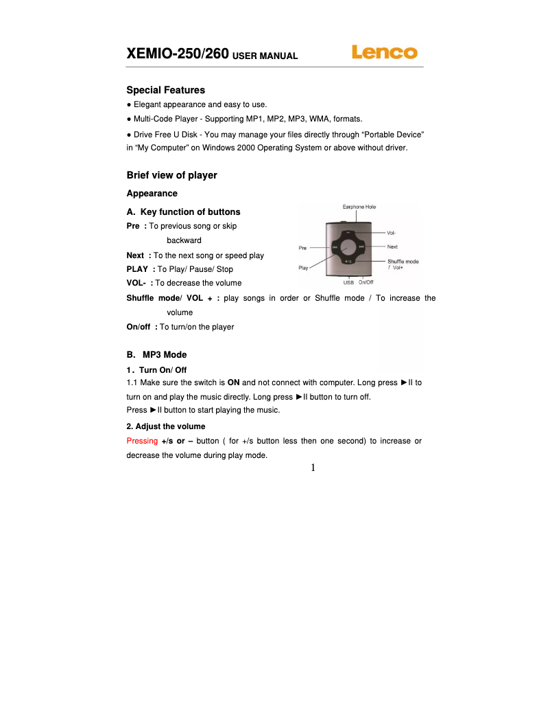 Page 1 de la notice Manuel utilisateur Lenco Xemio-250