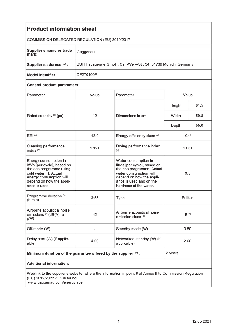 Page 1 de la notice Fiche technique Gaggenau DF270100F