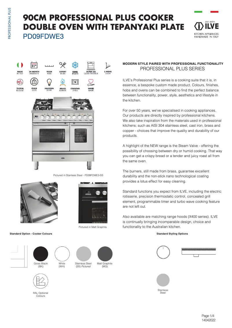 Page 1 de la notice Fiche technique Ilve PD09FDWE3MG