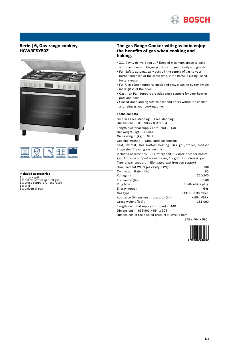 Page 1 de la notice Fiche technique Bosch HGW3FSY50Z