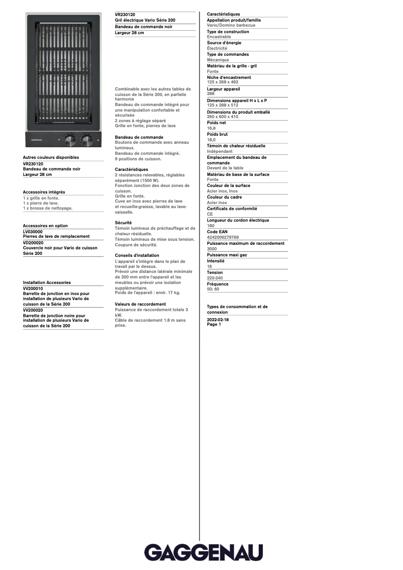 Page 1 of the manual Technical Sheet Gaggenau VR230120