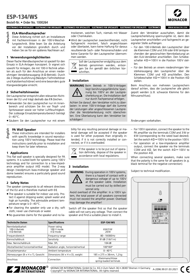 Page 1 de la notice Manuel utilisateur Monacor ESP-134/WS