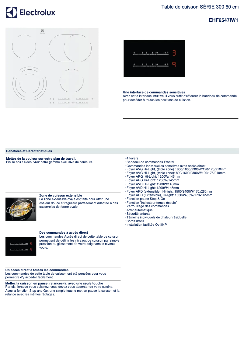 Page 1 de la notice Fiche technique Electrolux EHF6547IW1