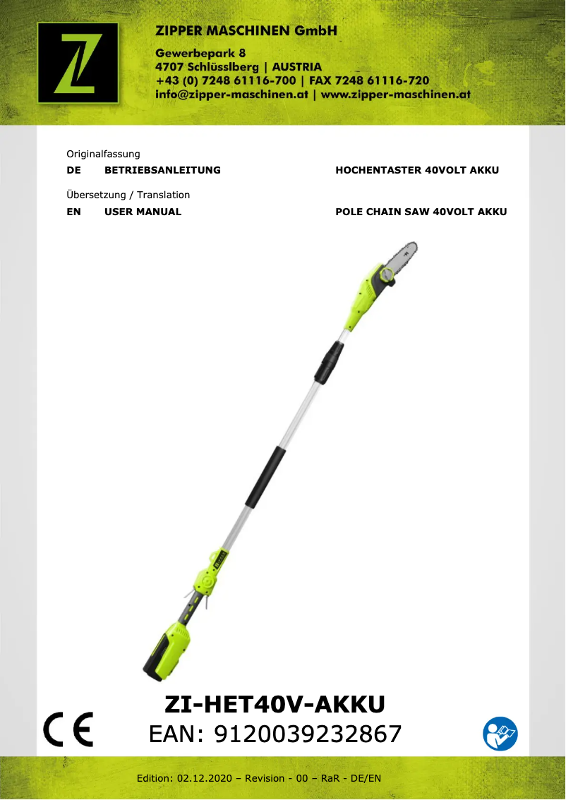 Page n°1 - Manuel utilisateur Zipper ZI-HET40V-AKKU