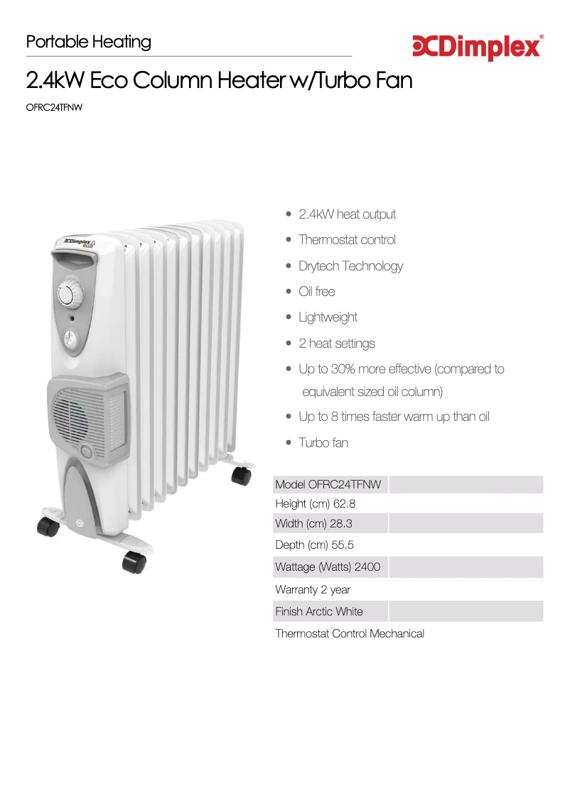 Page 1 de la notice Fiche technique Dimplex OFRC24TFNW