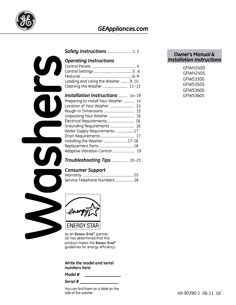 Page n°1 - Guide d'installation GE GFWH2405LMV