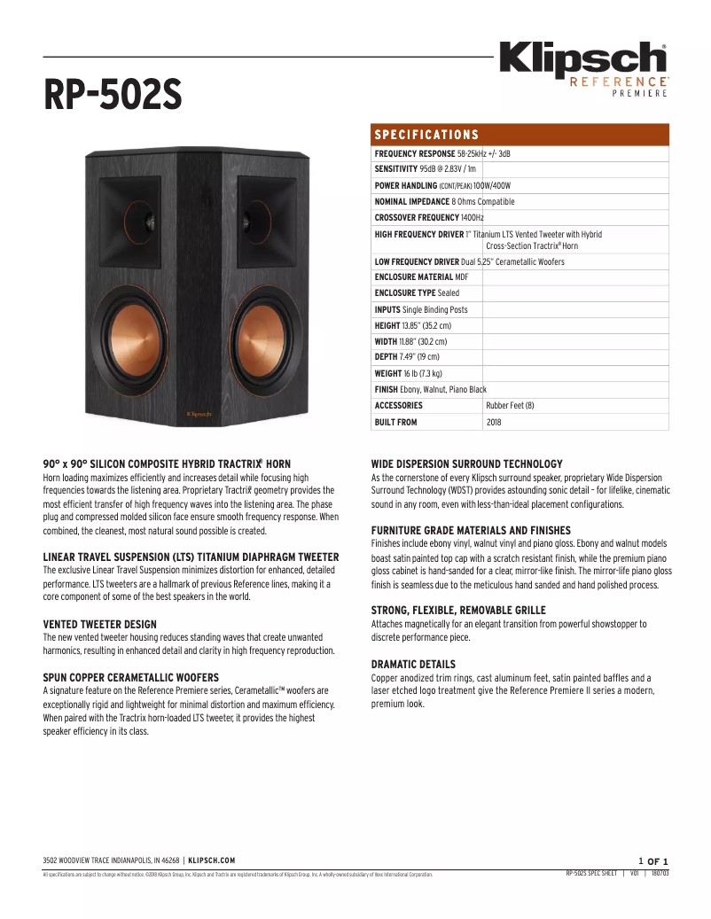 Page n°1 - Fiche technique Klipsch Reference Premiere RP-502S
