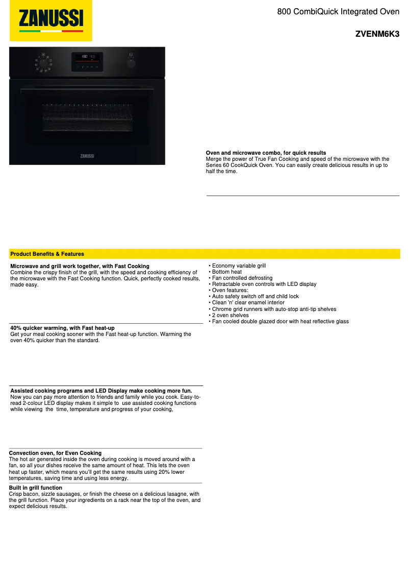 Page 1 de la notice Fiche technique Zanussi ZVENM6K3