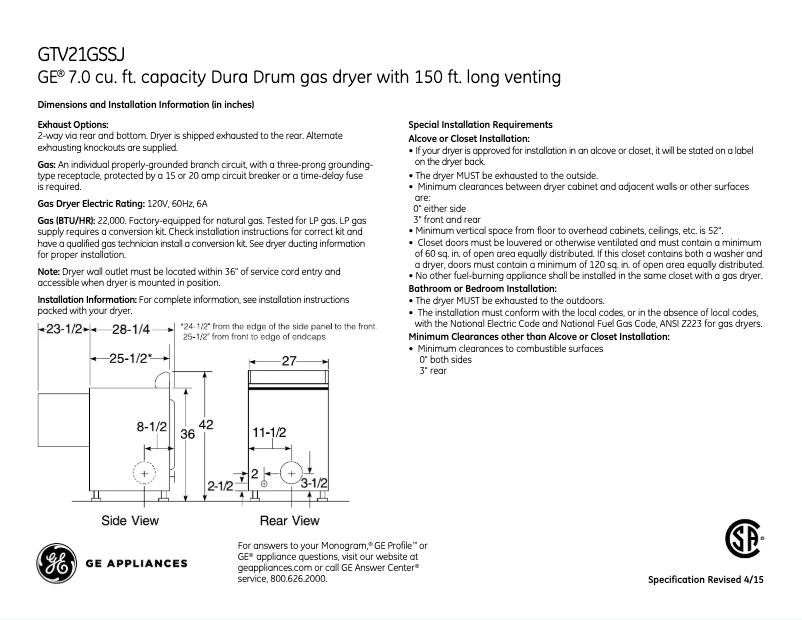 Page n°1 - Fiche technique GE GTV21GSSJWW