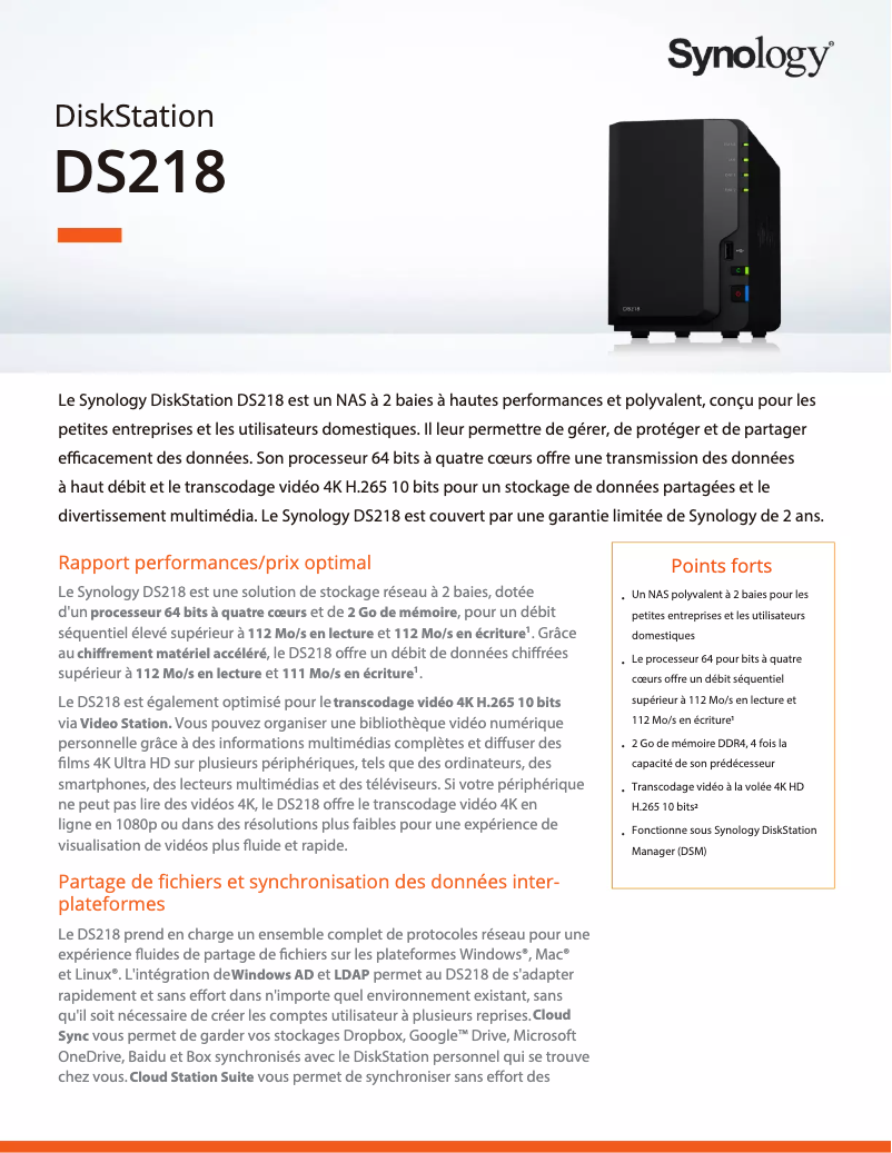 Page 1 de la notice Fiche technique Synology DiskStation DS218