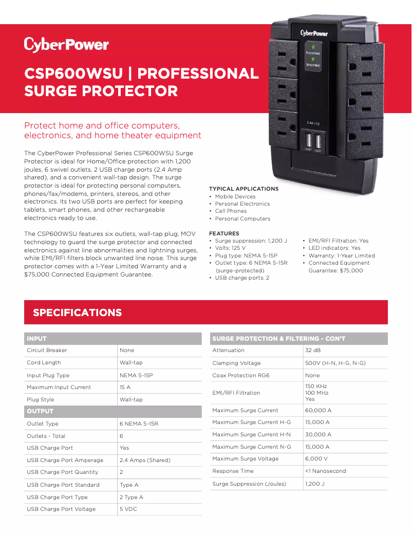 Page 1 de la notice Informations de garantie CyberPower CSP600WSU