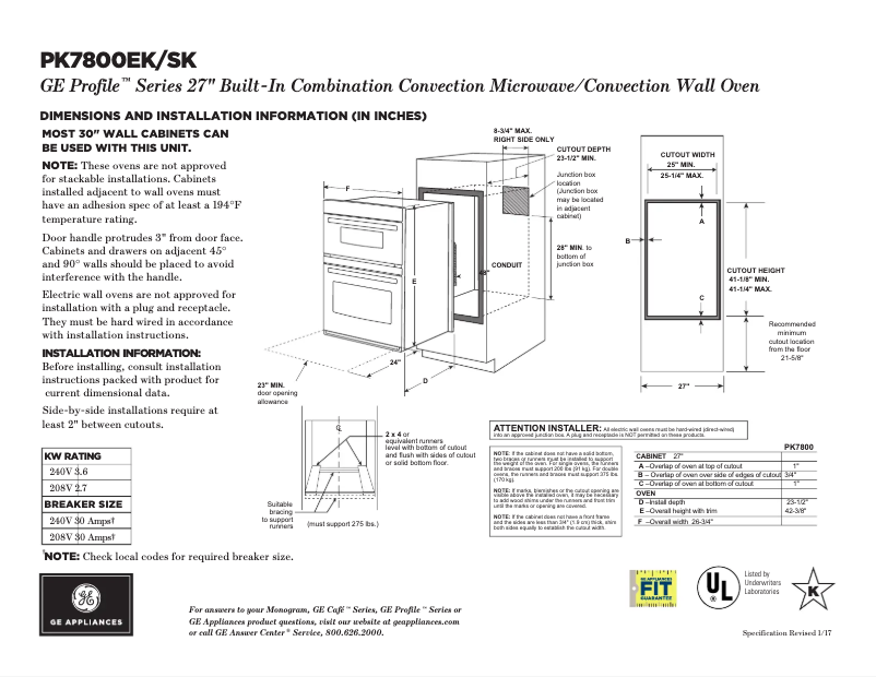 Page 1 de la notice Fiche technique GE Profile PK7800SKSS