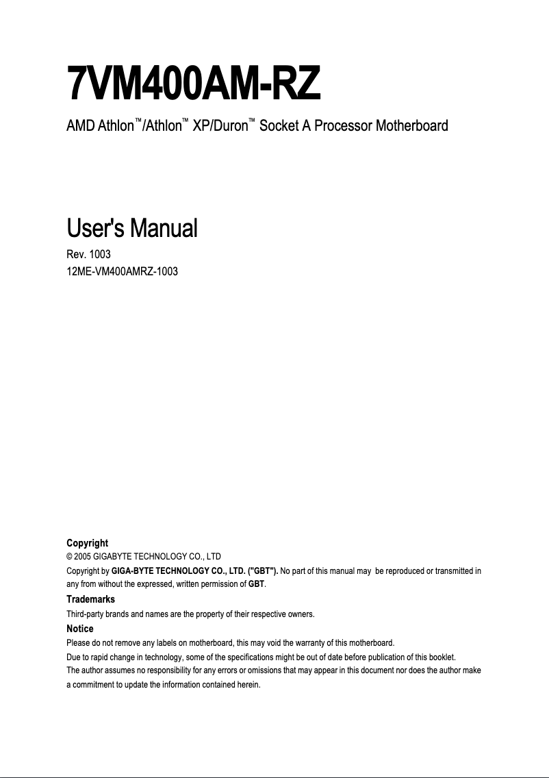Page 1 de la notice Manuel utilisateur Gigabyte 7VM400AM-RZ