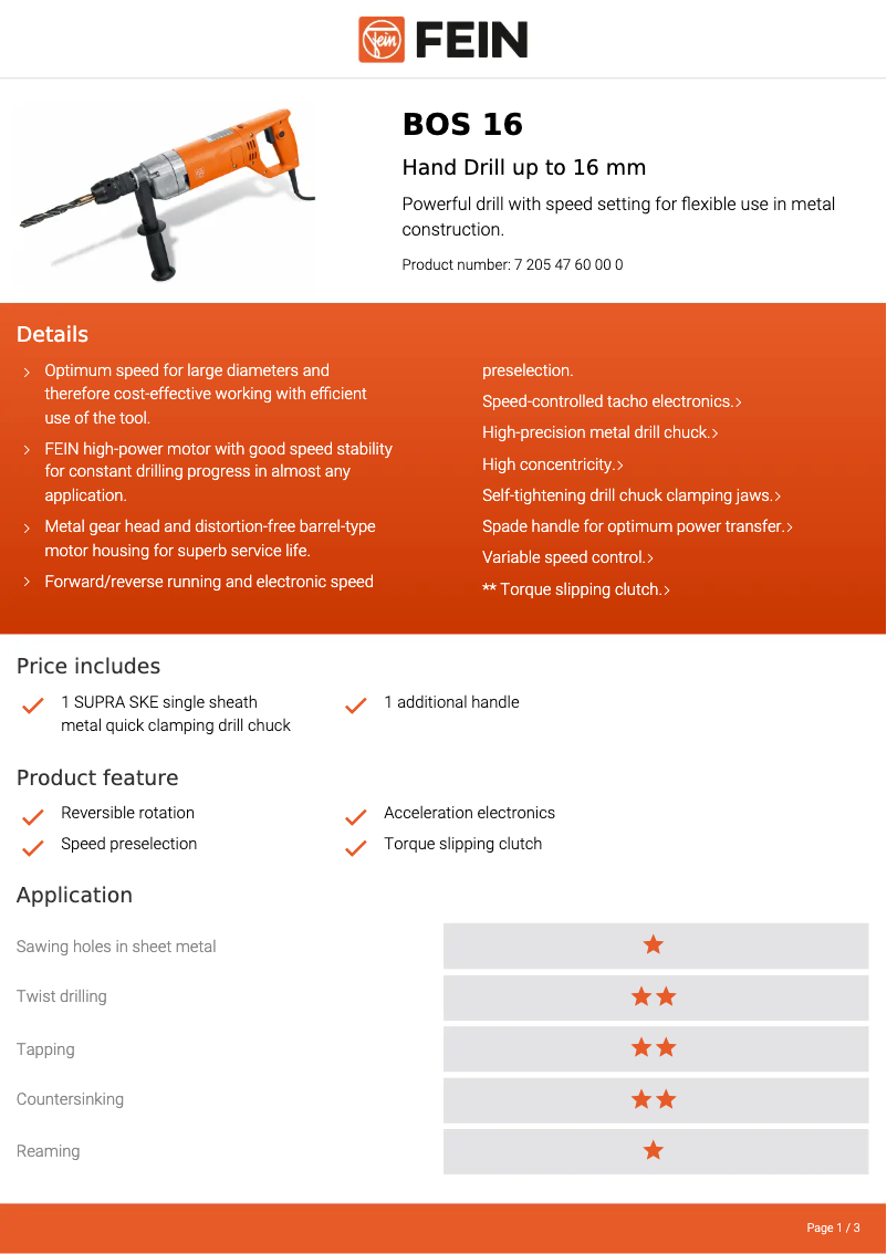 Page n°1 - Fiche technique Fein BOS 16