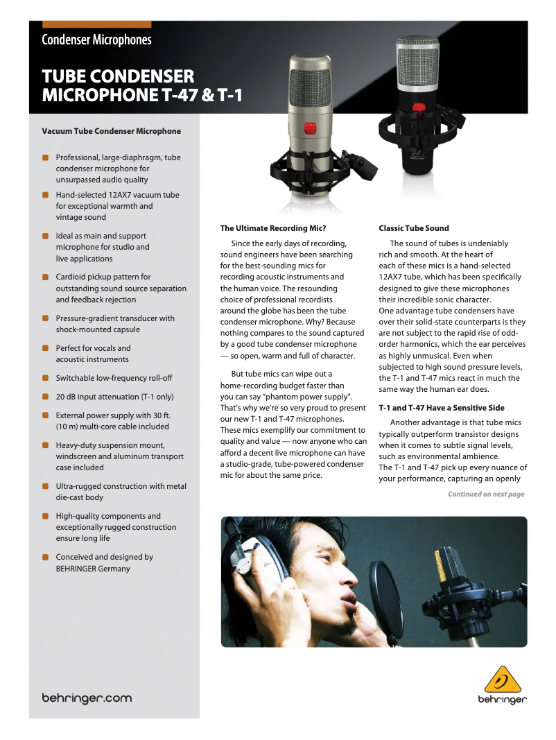 Page 1 de la notice Brochure Behringer T-47